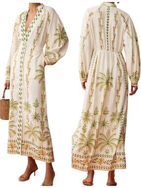 Anaya Raquel Verdant Palm Linen Blend Maxi Dress Cream Size 6 NWT